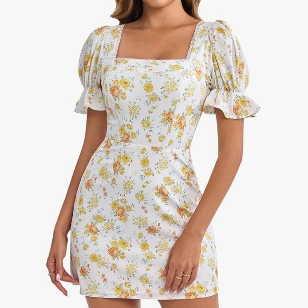 Women Floral Puff Short Sleeve Sundress Lace Square Neck Casual Boho Sz Med
